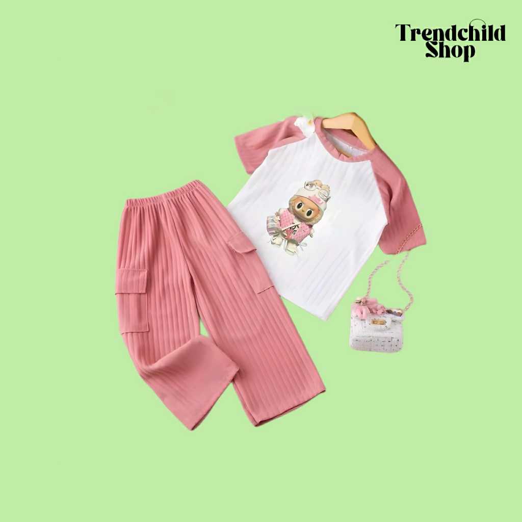 one set anak perempuan cargo labubu bahan knit