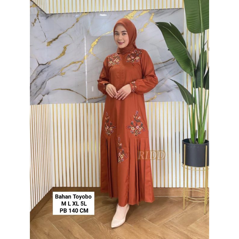AZZAHRA Gamis Toyobo Bordir Motif Bunga Susun Tiga Gamis Muslim Bordir Mewah