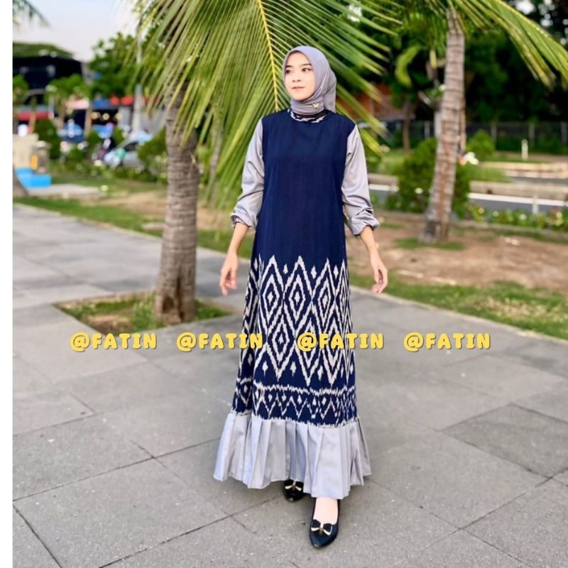 Baju Tenun Couple Dress Karina Navy Kondangan Sarimbit Pasangan Gamis Muslim Wanita Panjang Keluarga