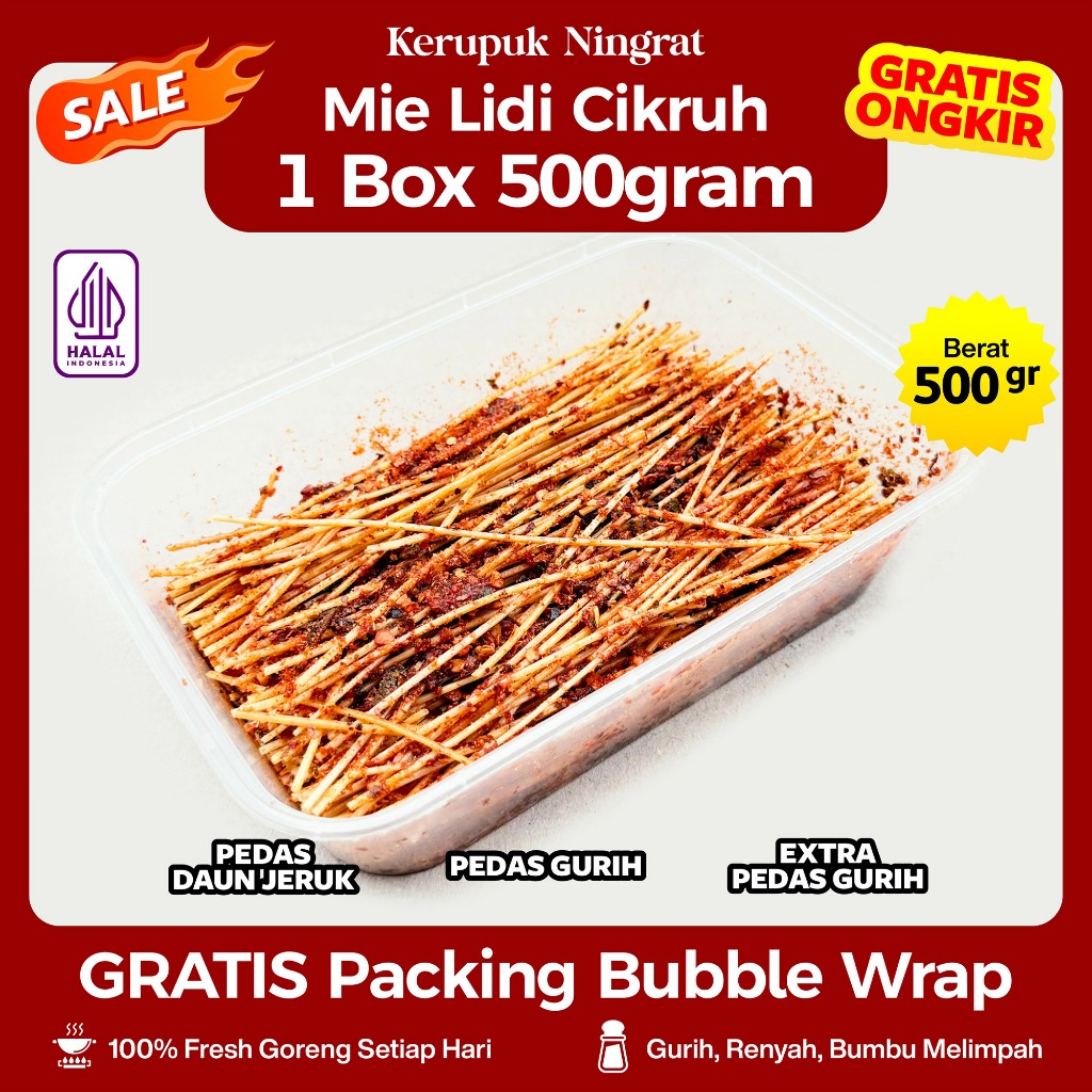 

1box Mie Lidi Cikruh 500gr Pedas Gurih & Pedas Daun Jeruk Halal Food Snack Camilan Crispy