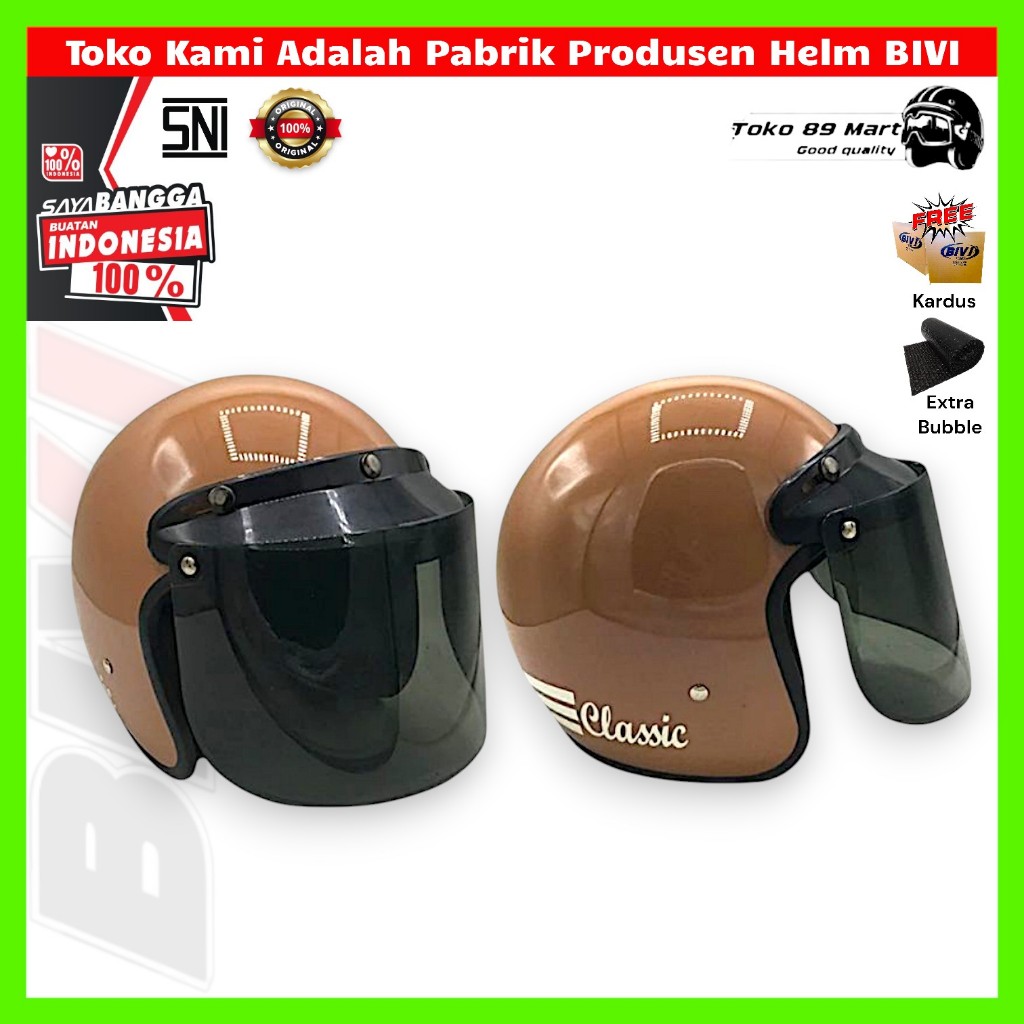 Helm Bogo Classic Mocca Glossy + Kaca SNI BIVI Retro Half Face Hijab Bivi Helmet Retro