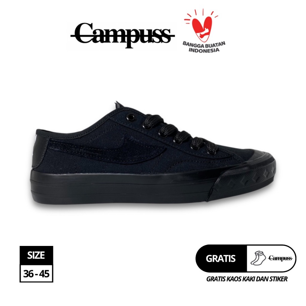 CAMPUSS - Renegade Low Mono Black Sepatu Pria Wanita Sneakers Casual Shoes Canvas Premium Quality