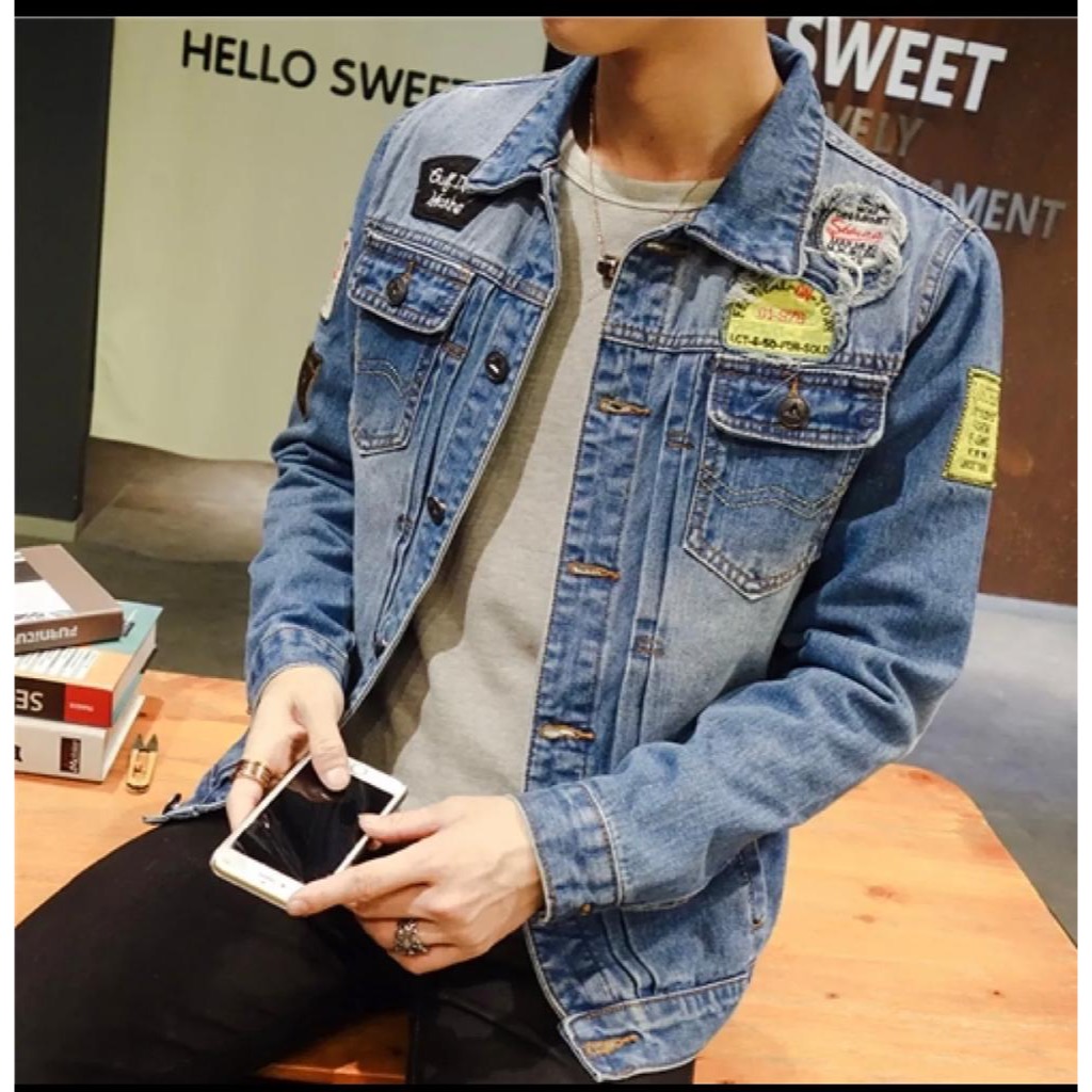 EIGHTEEN- jaket jeans motif logo full bordir blue casual distro logo simple