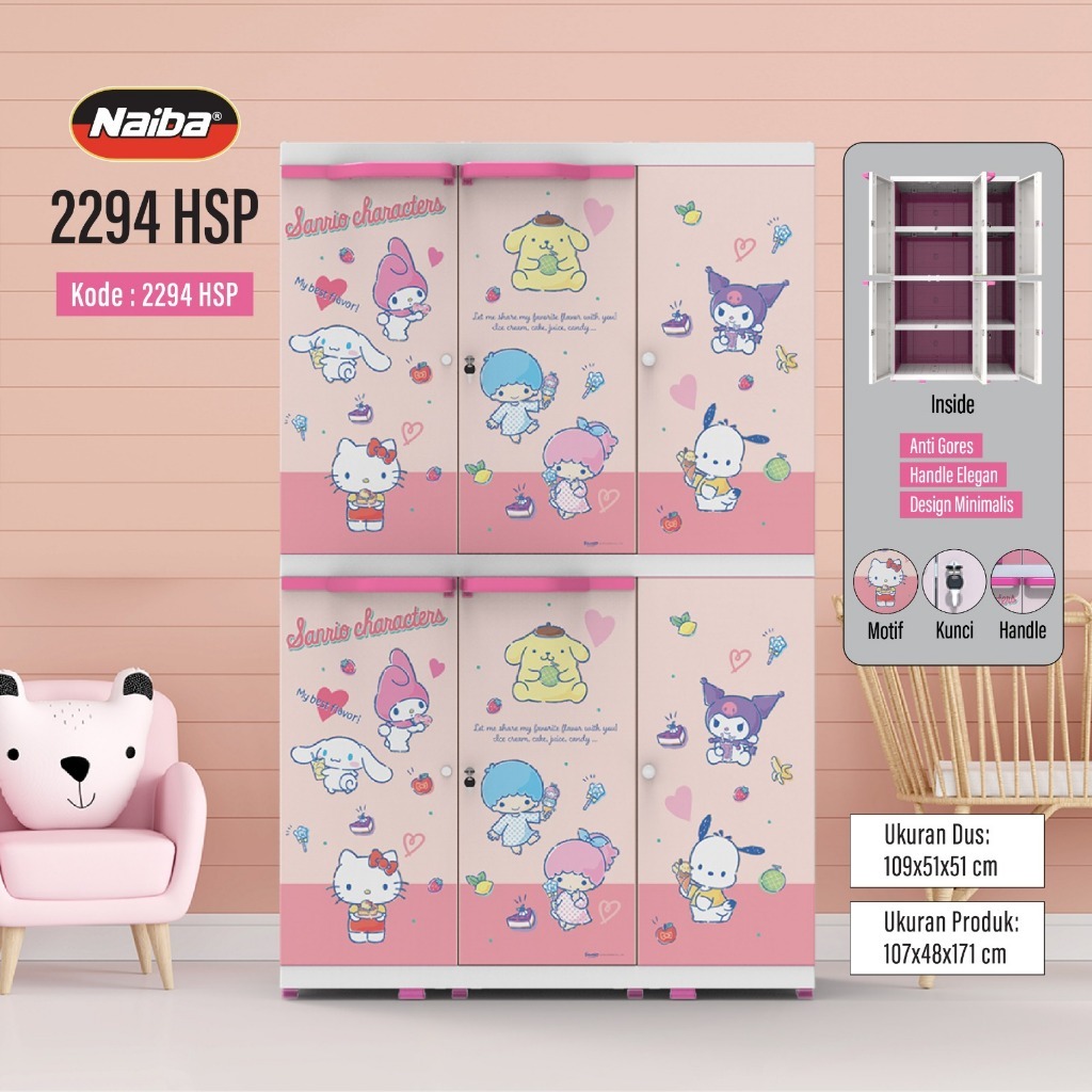 [NAIBA] LEMARI PLASTIK JUMBO ANAK KARAKTER PREMIUM - NAIBA 3 PINTU HAMBALAN DAN GANTUNGAN