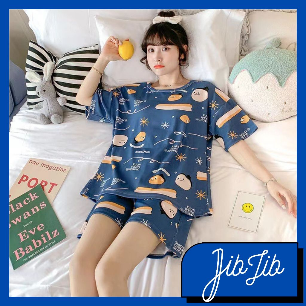 JIBJIB Baju Tidur Wanita Remaja Dewasa Piyama Setelan Kaos Lengan Pendek Celana Pendek Woman Pajamas