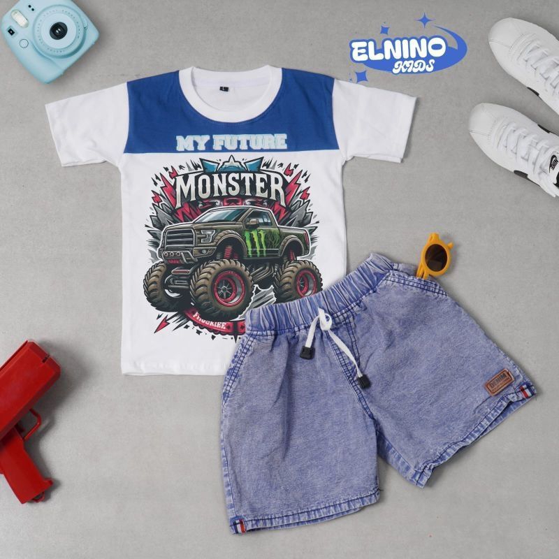 Setelan Jeans Anak Usia 1-8 Tahun Laki-laki dan Perempuan Motif Monster Truk Anak-Anak - Katun, Cela