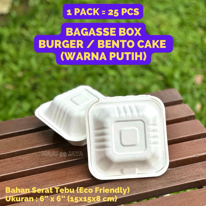 (25 PCS) Bagasse Box Burger Bento Cake Warna Putih Ukuran 15x15x8 cm | Bagasse Bento Box 6inch Sugar