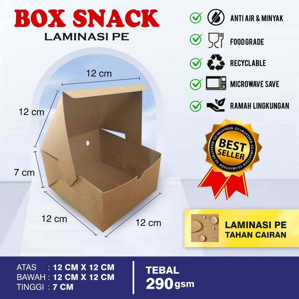 

50 pcs box snack12X12X7cm,lebih besar,kotak makanan,laminasi dalam,kuat,tidak mudah rusak,praktis,higienis,ekonomis dan murahh