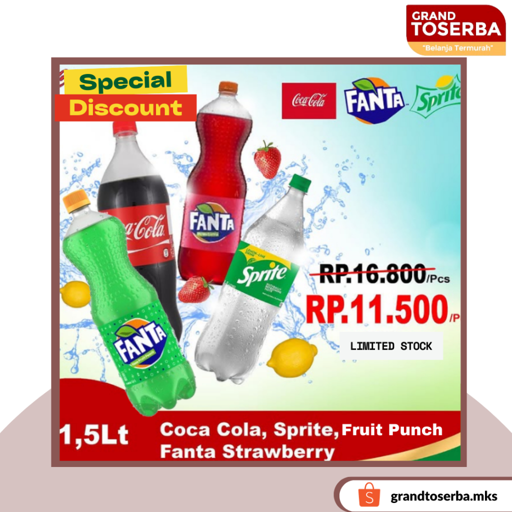 

PROMO RAMADHAN coca cola 1.5 liter Fanta Sprite semua variasi rasa