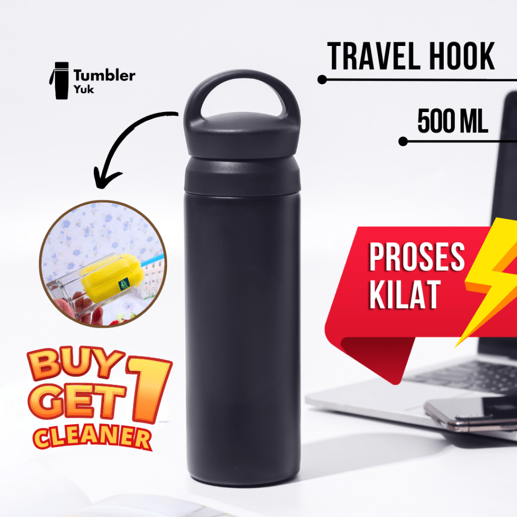 Botol Minum POLOS Termos Travel Hook Japan Stainless Steel Tahan Air Panas & Dingin 500 ML Tumbler P