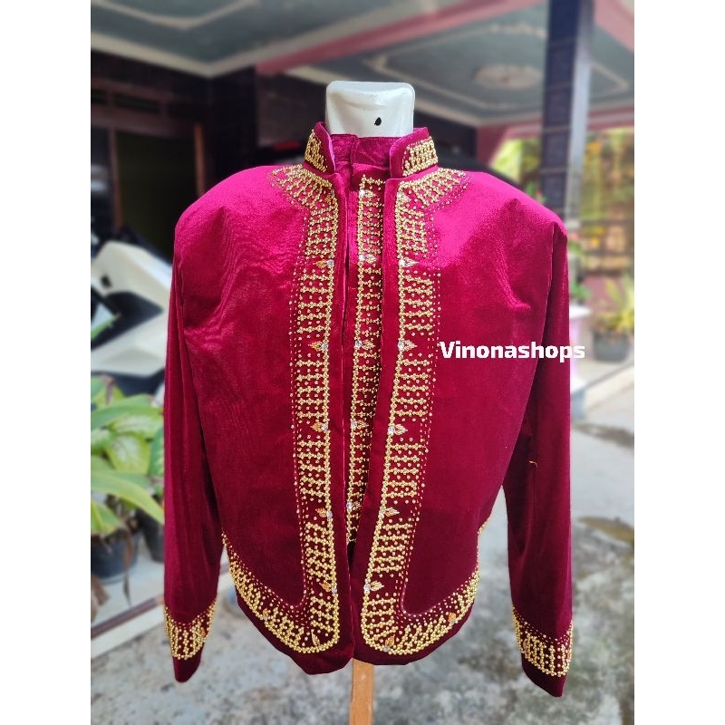 Beskap Pengantin Jawa Pria Warna Merah / Beskap Jawa Payet Bahan Bludru Premium