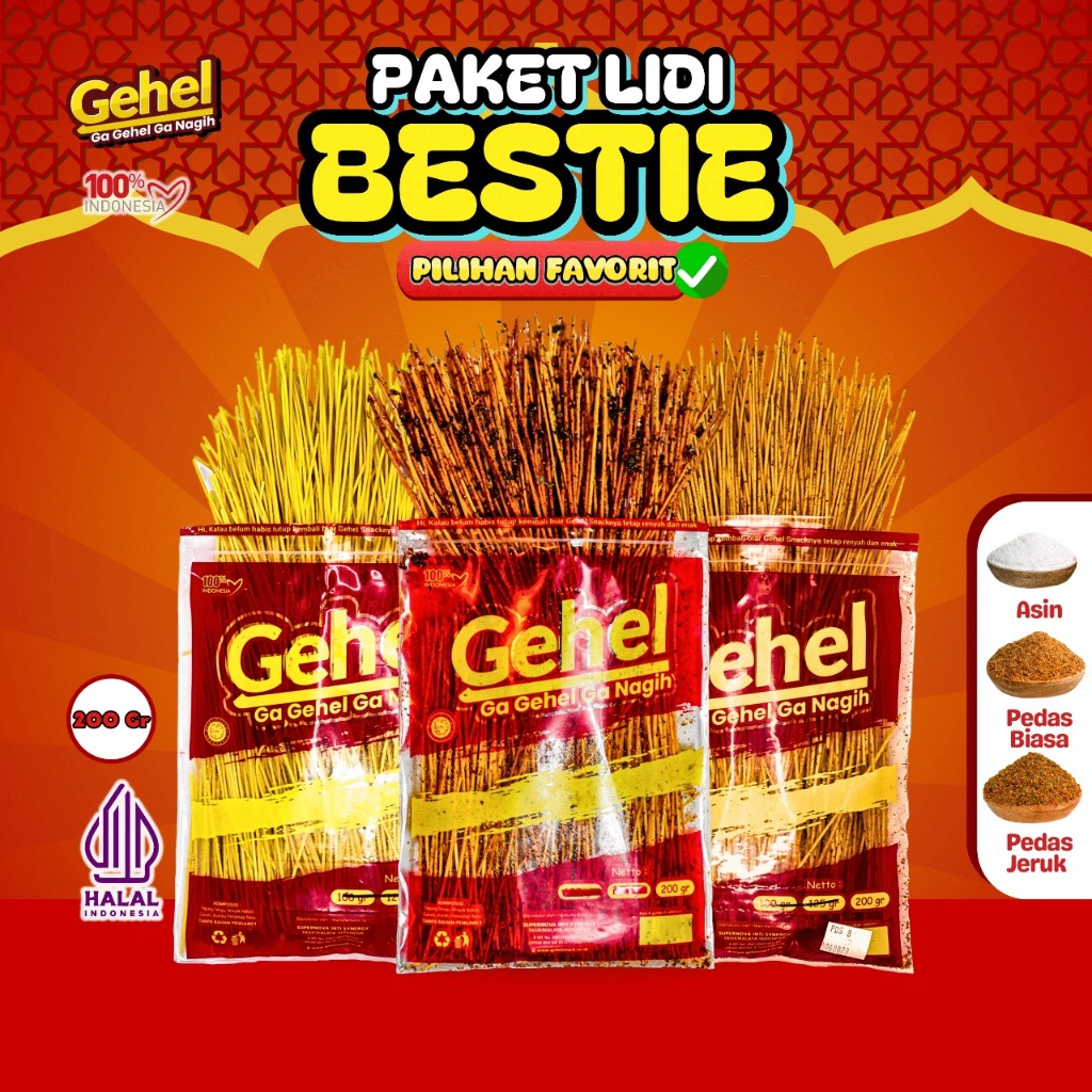 

Gehel Lidi Bestie - Mie Lidi Varian Rasa Asin, Pedas Biasa, Pedas Jeruk Makanan Ringan