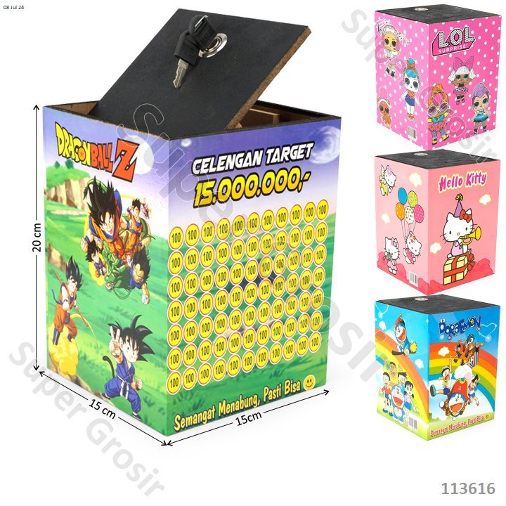 Tabungan Penyimpanan Uang Celengan Kubus Kotak Kayu Gambar Tutup Kunci