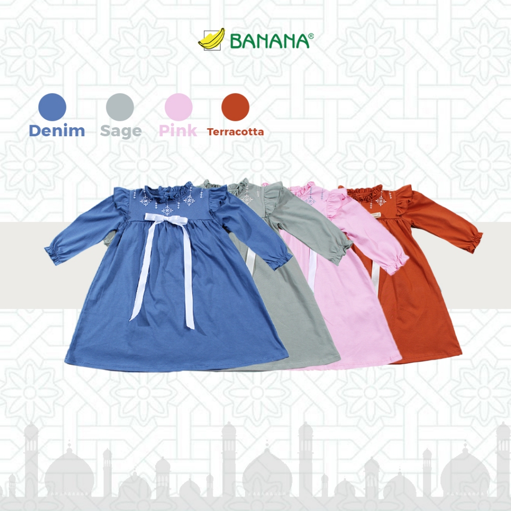 Banana Gamis Muslim Bayi Perempuan Polos Bordir Kombinasi Pita Satin