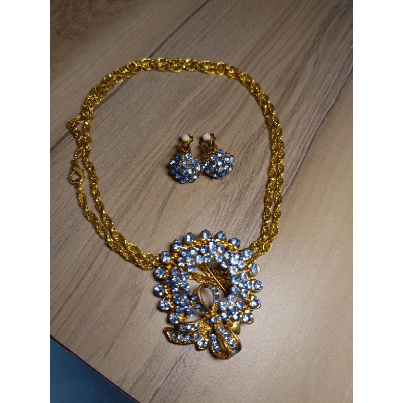 Set Kalung dan Anting Cepret Permata Biru Emas