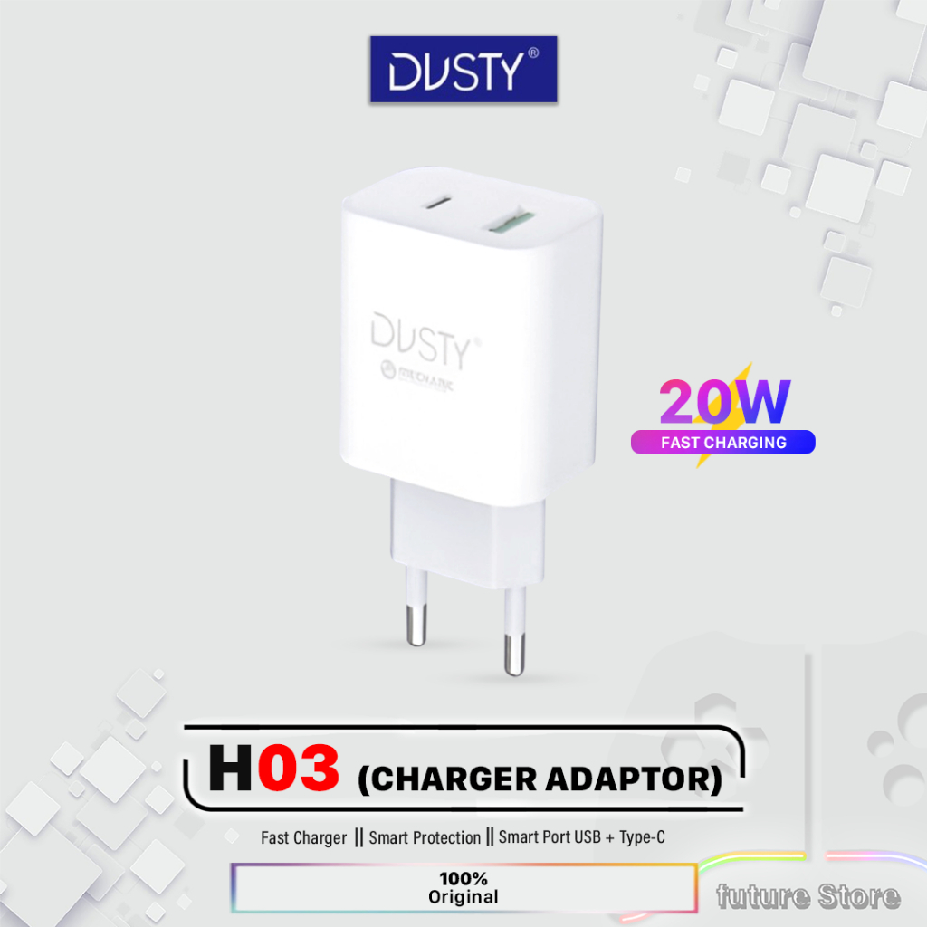 Charger Mechanic Dusty H03 20Watt Type C dan USB - Double USB WHITE ORIGINAL - Batok Charger - Kepal