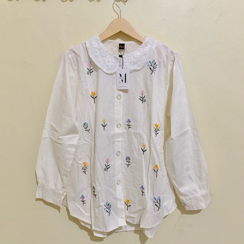 Kemeja Linen Bordir Kerah Renda Import - Blouse Linen bordir kerah korea - Kemeja Linen bordir impor