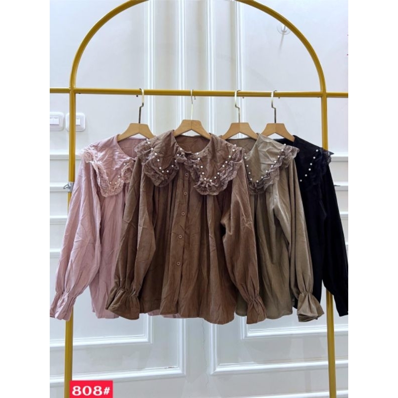 Blouse Baby Corduroy Pearl Neck | Kemeja Corduroy - Korean Shirt - Atasan Wanita