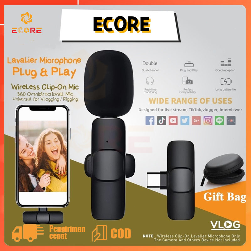 ECORC MIC Wireless Mic Clip on Microphone Mikrofon Professional Wireless Microphone System untuk Mee