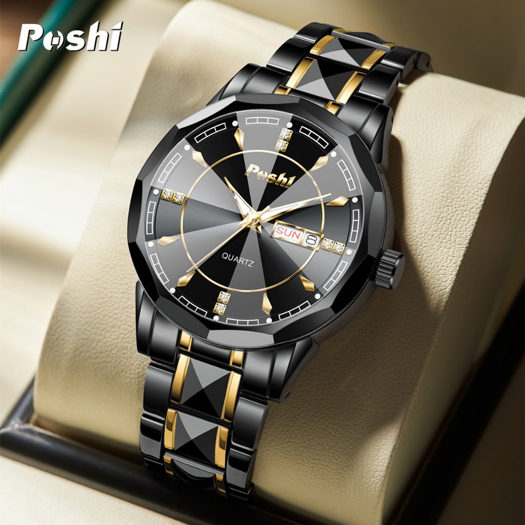 POSHI Jam Tangan Pria Bisnis Anti Air Kuarsa Jam Pria Calendar Tali Stainless Steel PS983 Watches