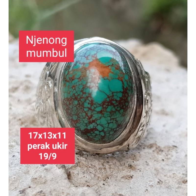 Natural pirus hijau urat merah mesir ring perak