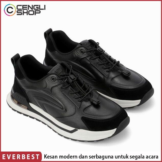 SEPATU EVERBEST SNEAKER PRIA ORIGINAL SNEAKERS KULIT ASLI ORI HITAM BLACK EM04