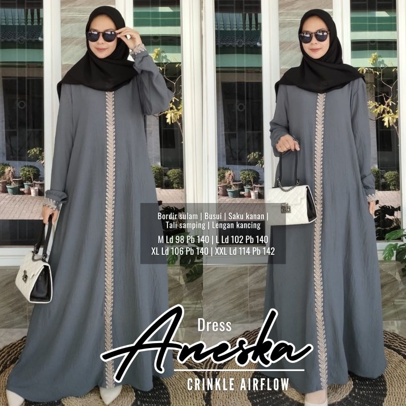 baju gamis Abaya wanita perempuan Gamis Bordir Bunga Timbul | Aneska Dress Kondangan Mewah | Produk 