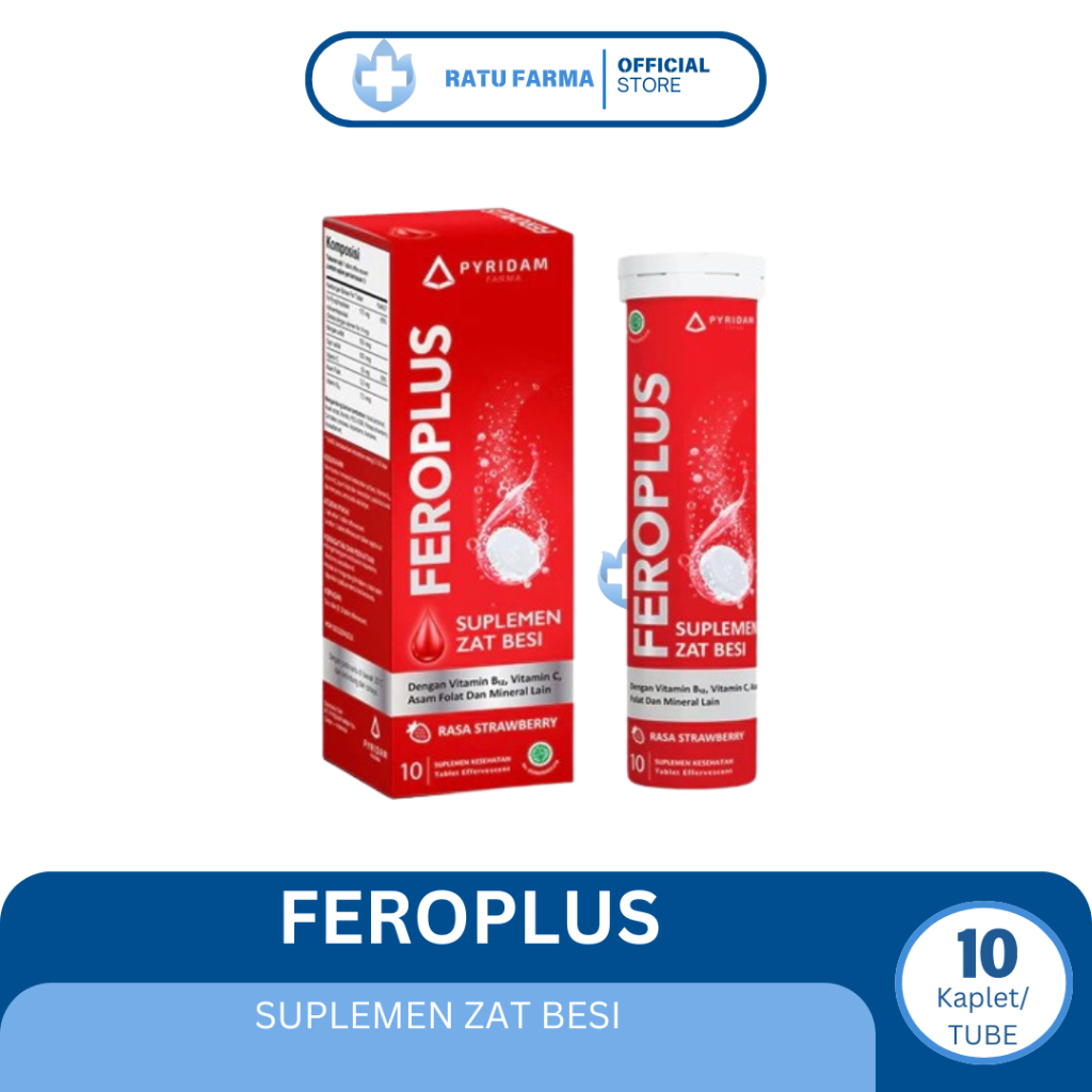 Pyridam Feroplus Suplemen Zat Besi Rasa Strawberry 10 Kaplet/ Tube