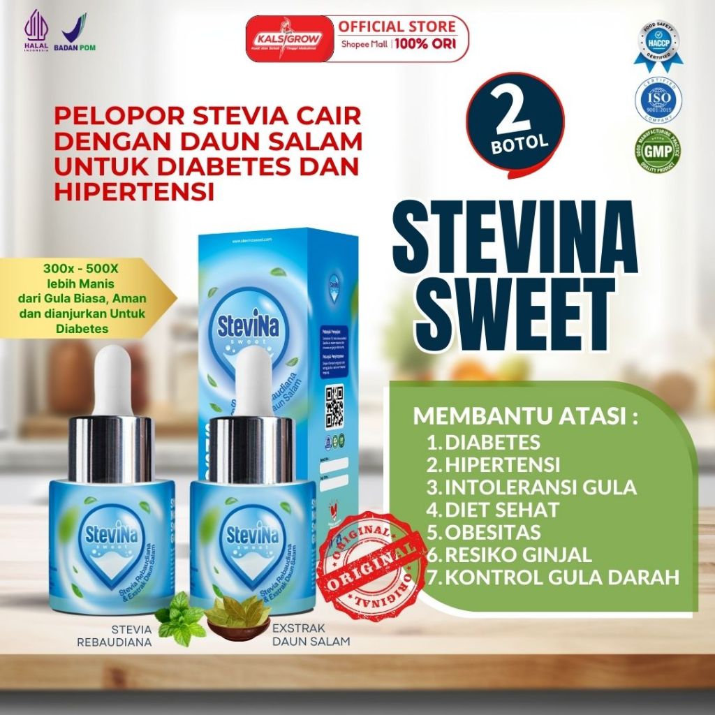 

(Kemasan box) Stevina Sweet Pemanis Alami 0 Kalori plus Herbal Daun salam Pengganti Gula membantu kadar gula tetap stabil Kemasan 2 botol