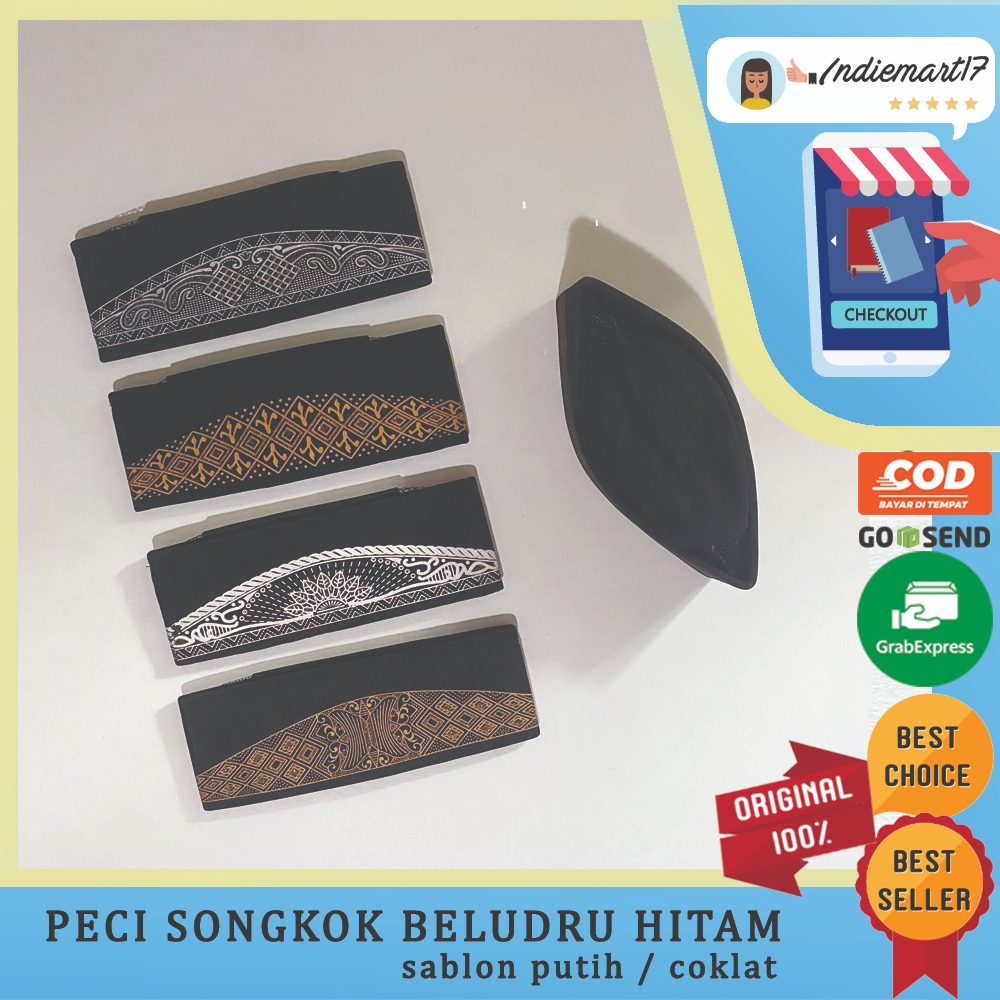 Peci dewasa bludru hitam motif sablon batik gunung kopiyah beludru kopyah