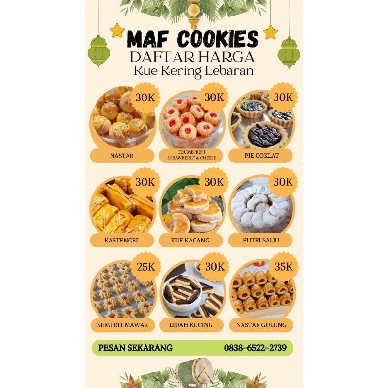 

Kue kering lebaran/Cookies/Kuker/Nastar/Kastengel/Semprit/Piecoklat/Kue kacang/Thumbprint/Putri salju/Lidah kucing/Nastar gulung/Kukis murmer/Kue lebaran fresh/Kue lebaran homemade/Kue lebaran premium