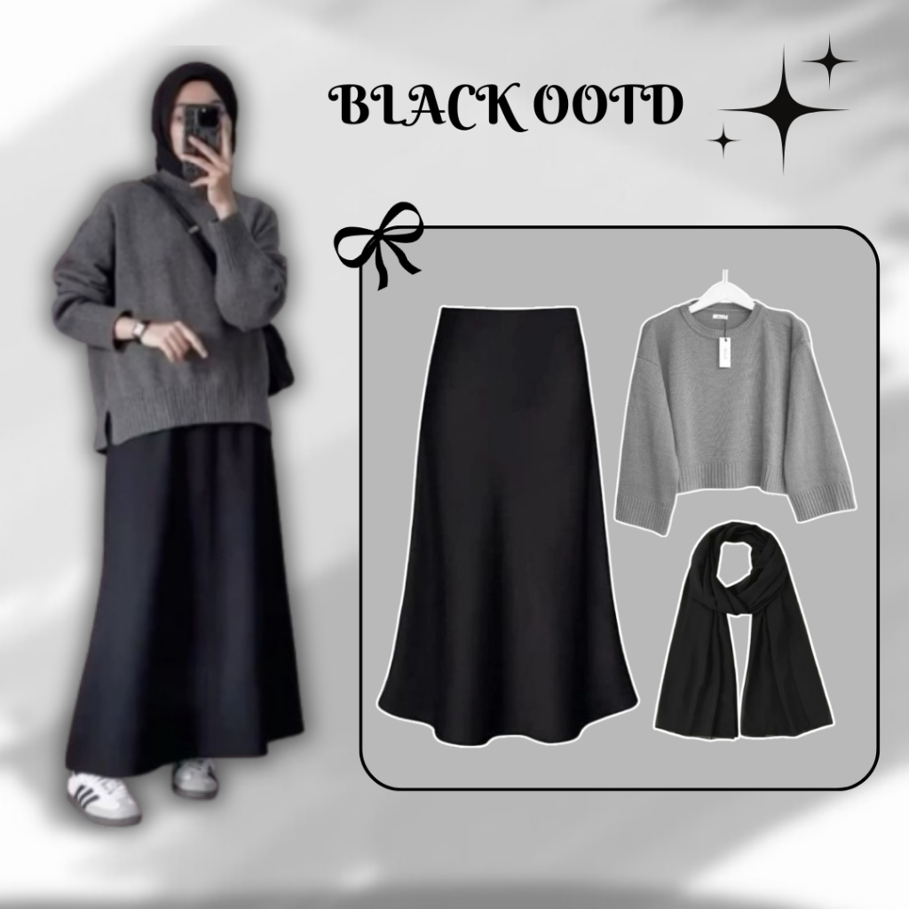 One Set OOTD Hijab ( Rok Mayung - Sweater Crop Top - Pashmina ) Hijab Style Casual Black Series - HC