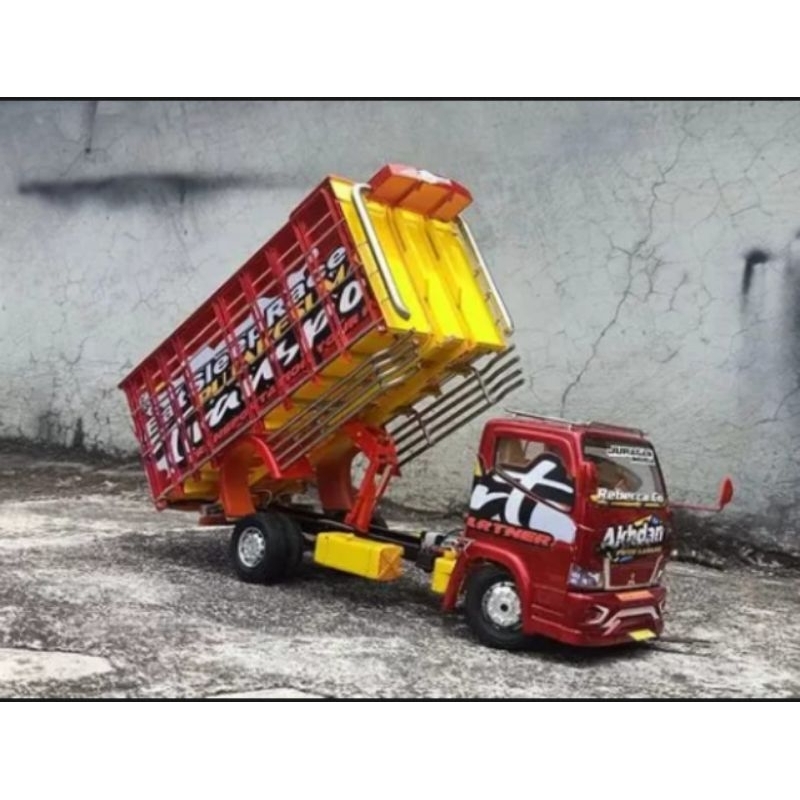Miniatur dump truk truk oleng bisa jungkit bak dan kabin pake lampu leed RGB bonus terpal
