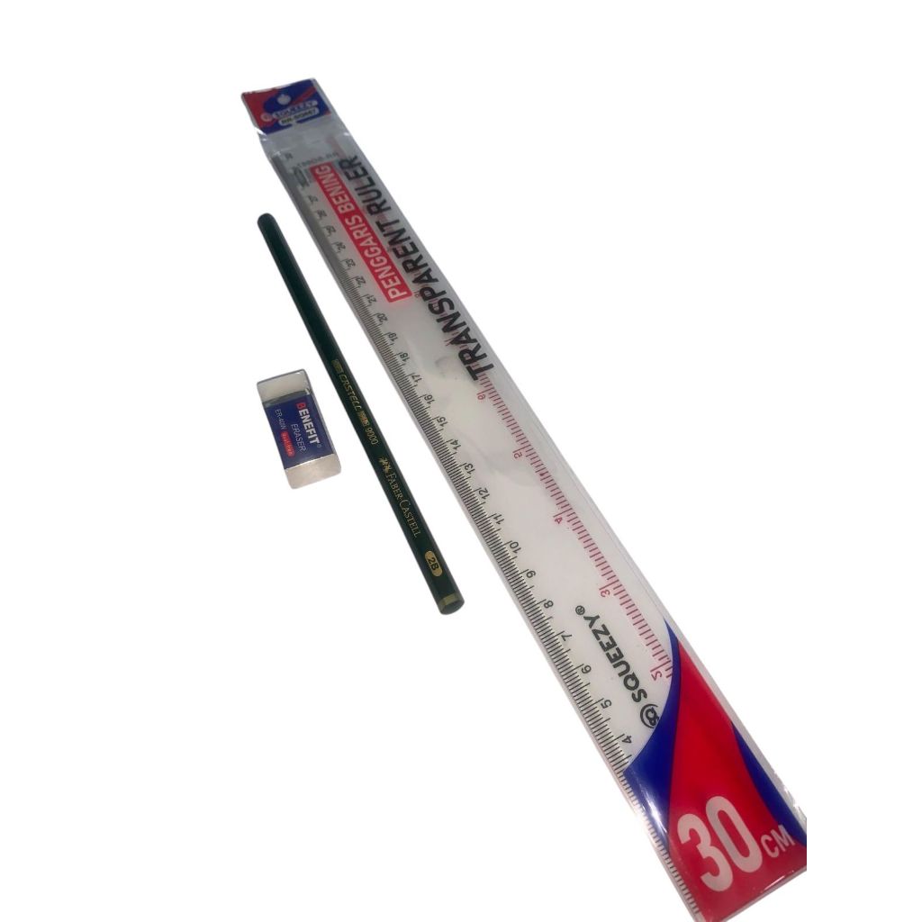 

Paket 3in1 Penggaris Transparan 30cm Squeezy Pensil 2B Faber Castel Penghapus Benefit