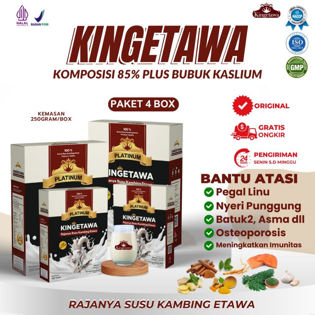 

Kingetawa Platinum Susu Kambing Etawa (Kemasan box) Premium Grade A Plus Efektif Untuk Keluhan Nyeri Dada, Pernafasan, Ashma, Batuk, Pegal Linu, Osteoporosis dan Rematik Kemasan Paket 4 Box