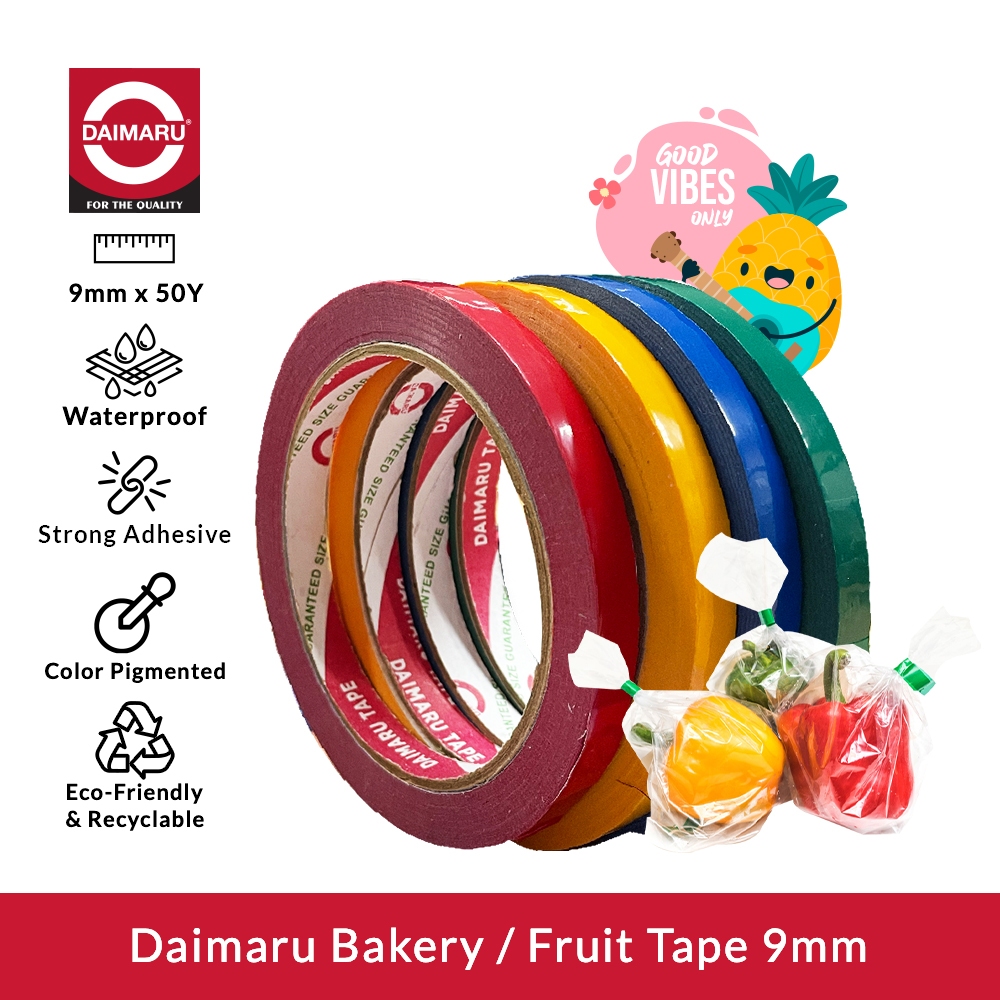 

Daimaru Bakery tape / lakban buah / Bag Sealer Tape 9mm x 50yard Warna Warni Merah Biru Kuning Hijau