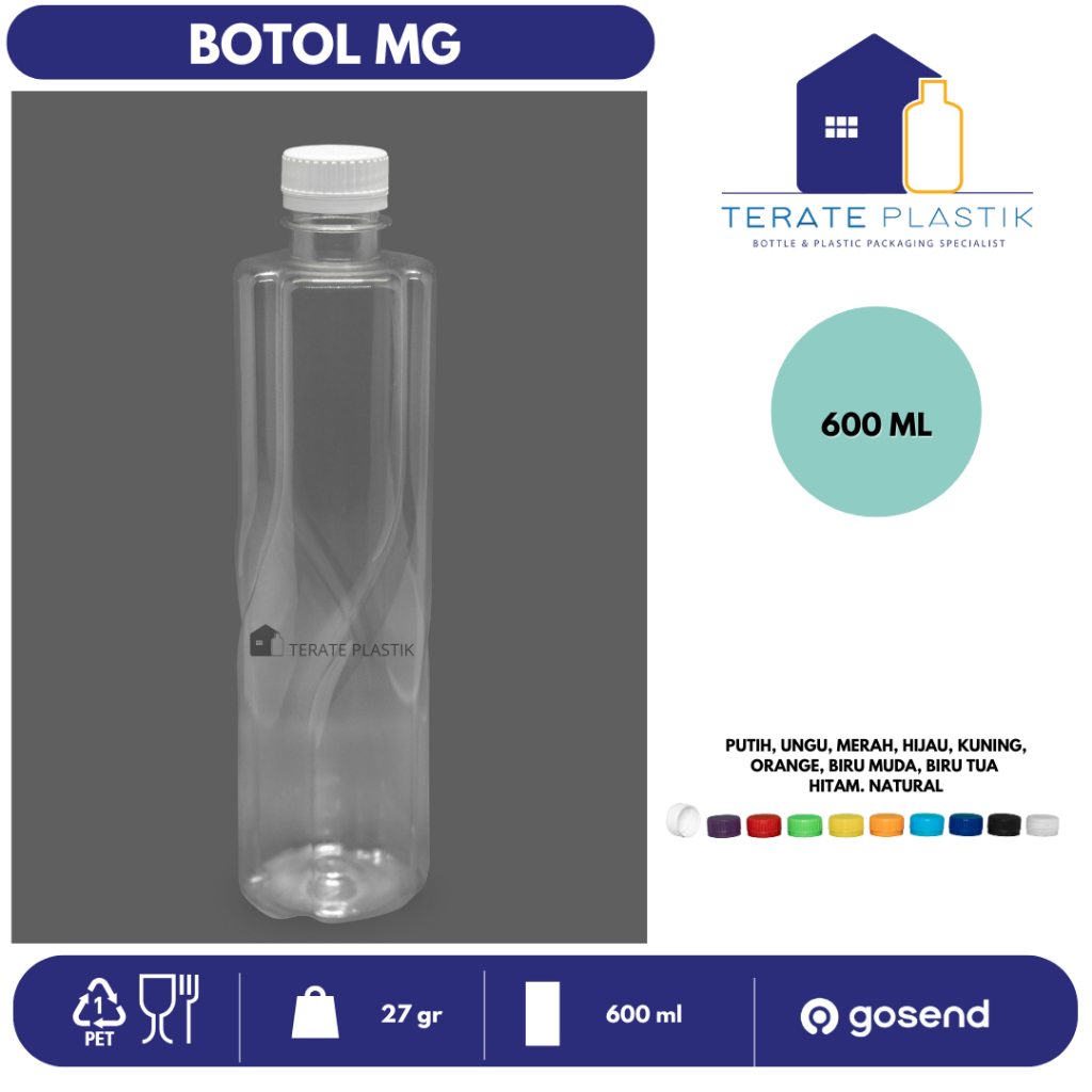 Botol Plastik 600ml MG | Botol Minuman 600ml | Tutup Putih/Hitam