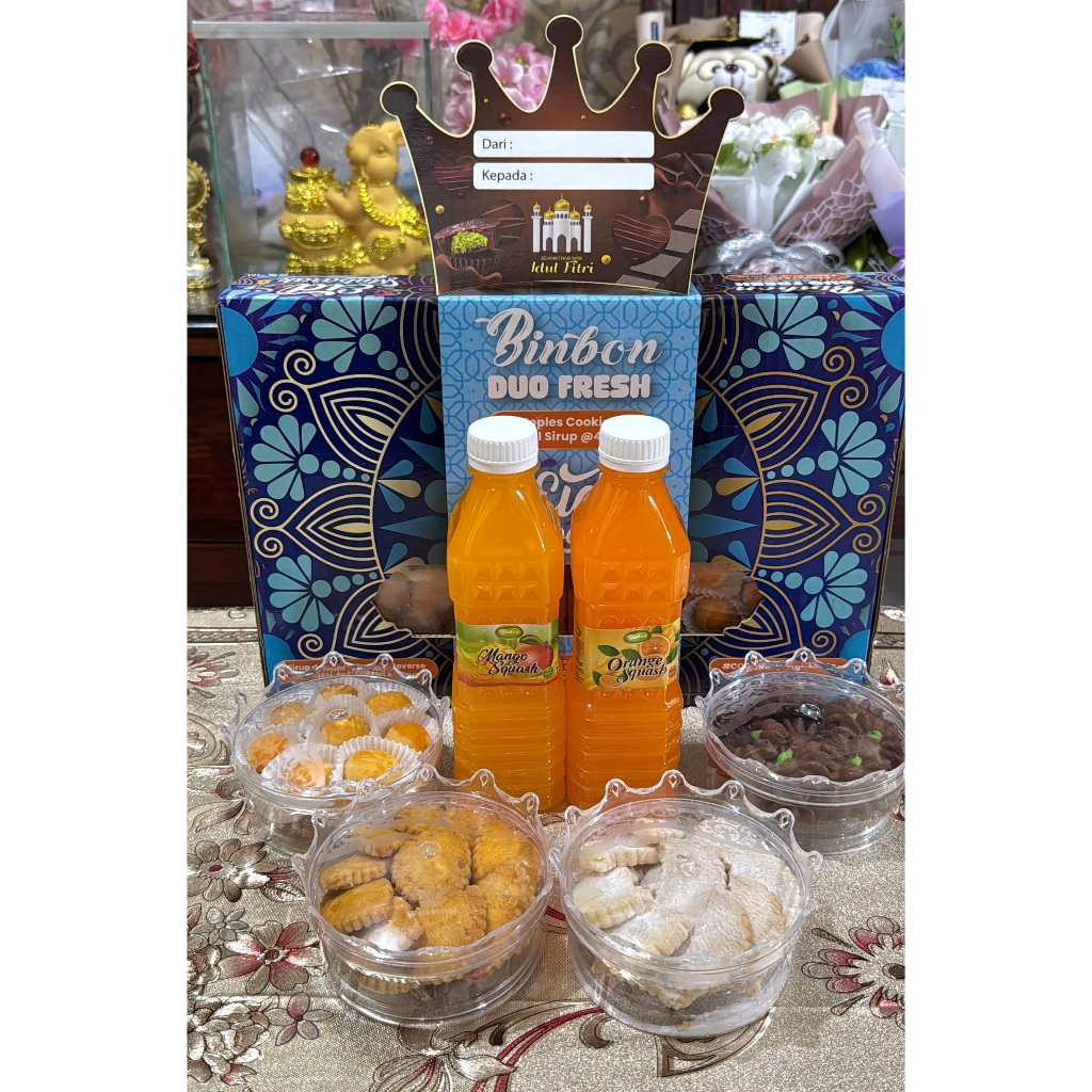 

Binbon Duo Fresh 4 Cookies Premium + 2 Sirup 400 ML Paket Hampers - Halal 100% - Kue Kering Lebaran