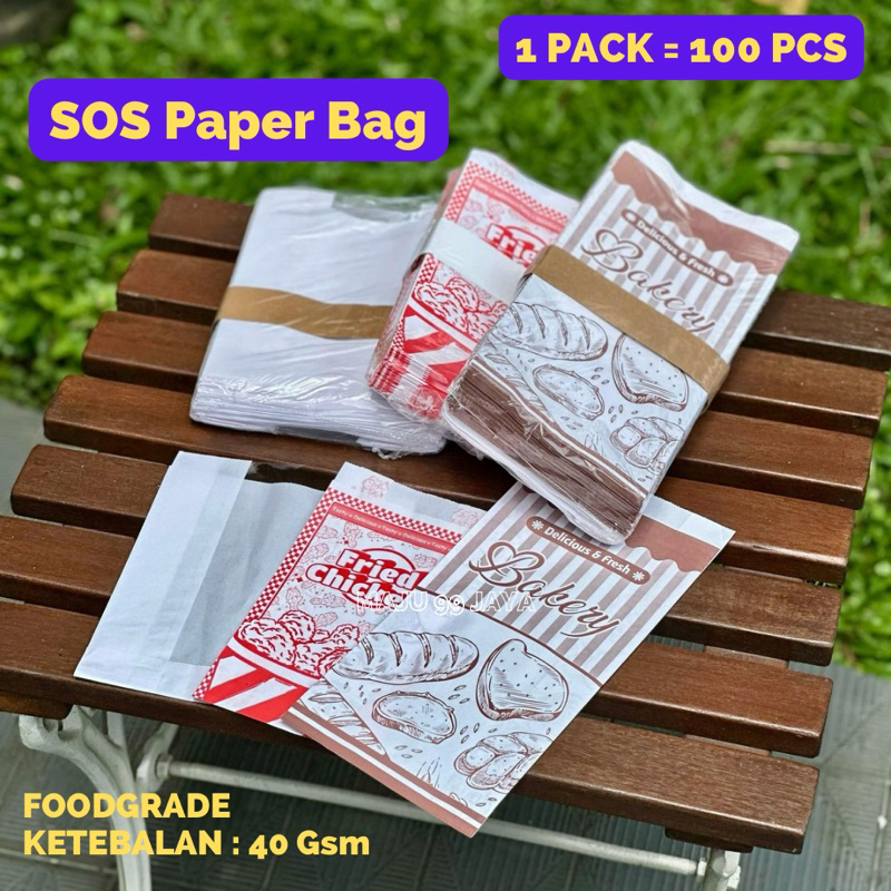 

(100 PCS) Kantong Kertas SOS Paper Bag Sosbag Putih Motif | Paper Bag Roti Snack Fried Chicken Ayam Donat Bakery