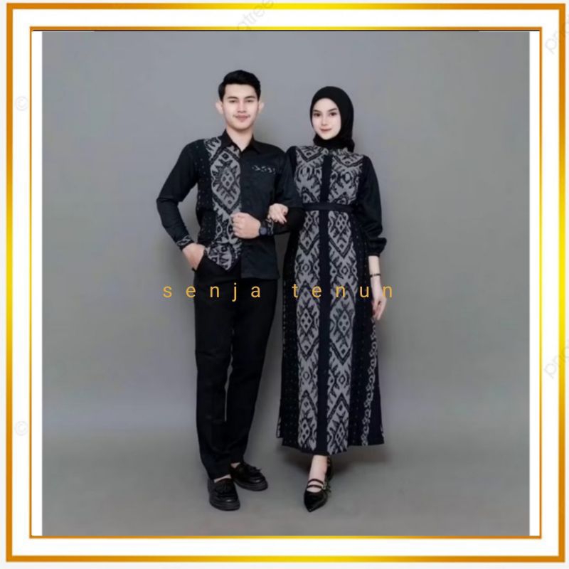 Gamis tenun ikat/set couple gamis tenun raya black ivory