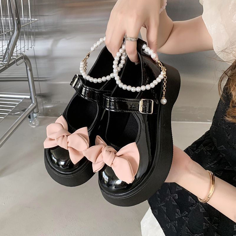 Platform Shoes Wanita Lolita Mary Janes Mutiara Pita Sepatu Docmart