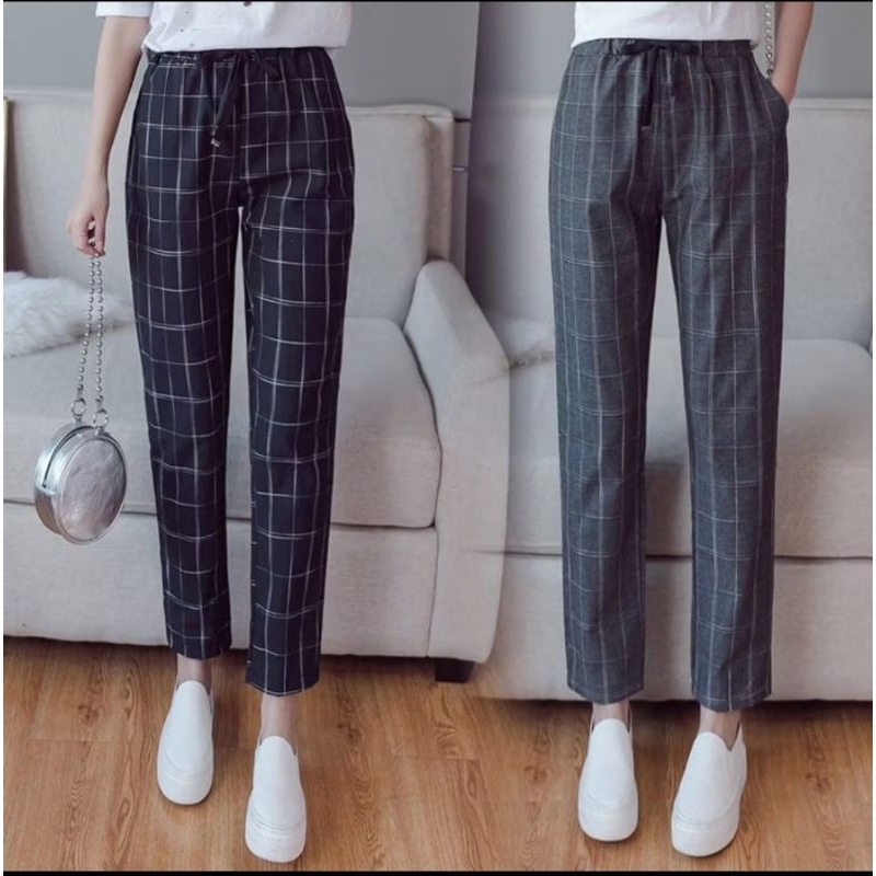 Celana baggy motif kotak / celana doty Tartan / Luna pants bahan crepe premium
