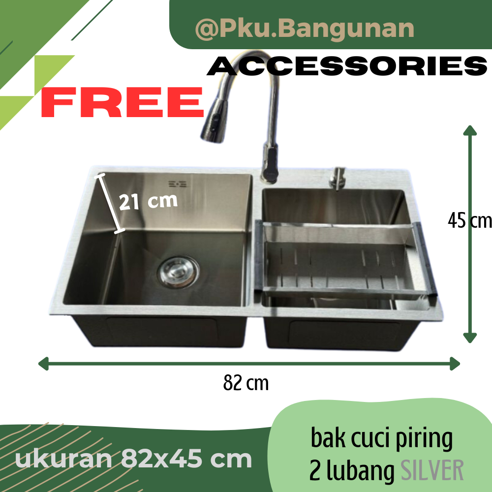 Kitchen Sink / Wastafel Bak cuci piring 2 lubang tanpa sayap 8245 stainless SUS304 silver SKA 82x45