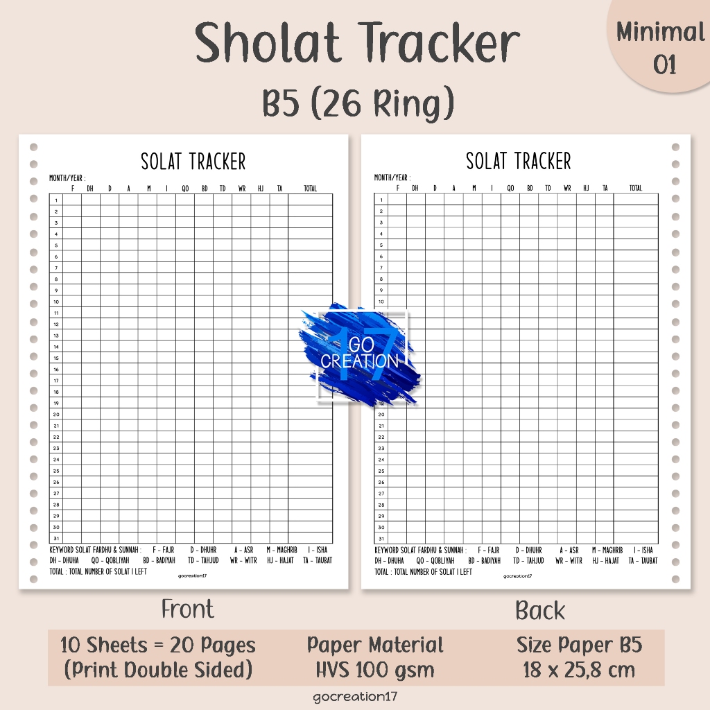

Buku Planner Kertas Isi Binder Sholat Tracker Pelacak Ibadah Simple Minimalis B5