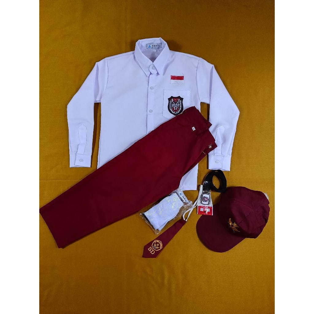 Setelan Seragam Sekolah Merah Putih Anak Laki-Laki Panjang Kelas 1-6 Topi Merah Polos