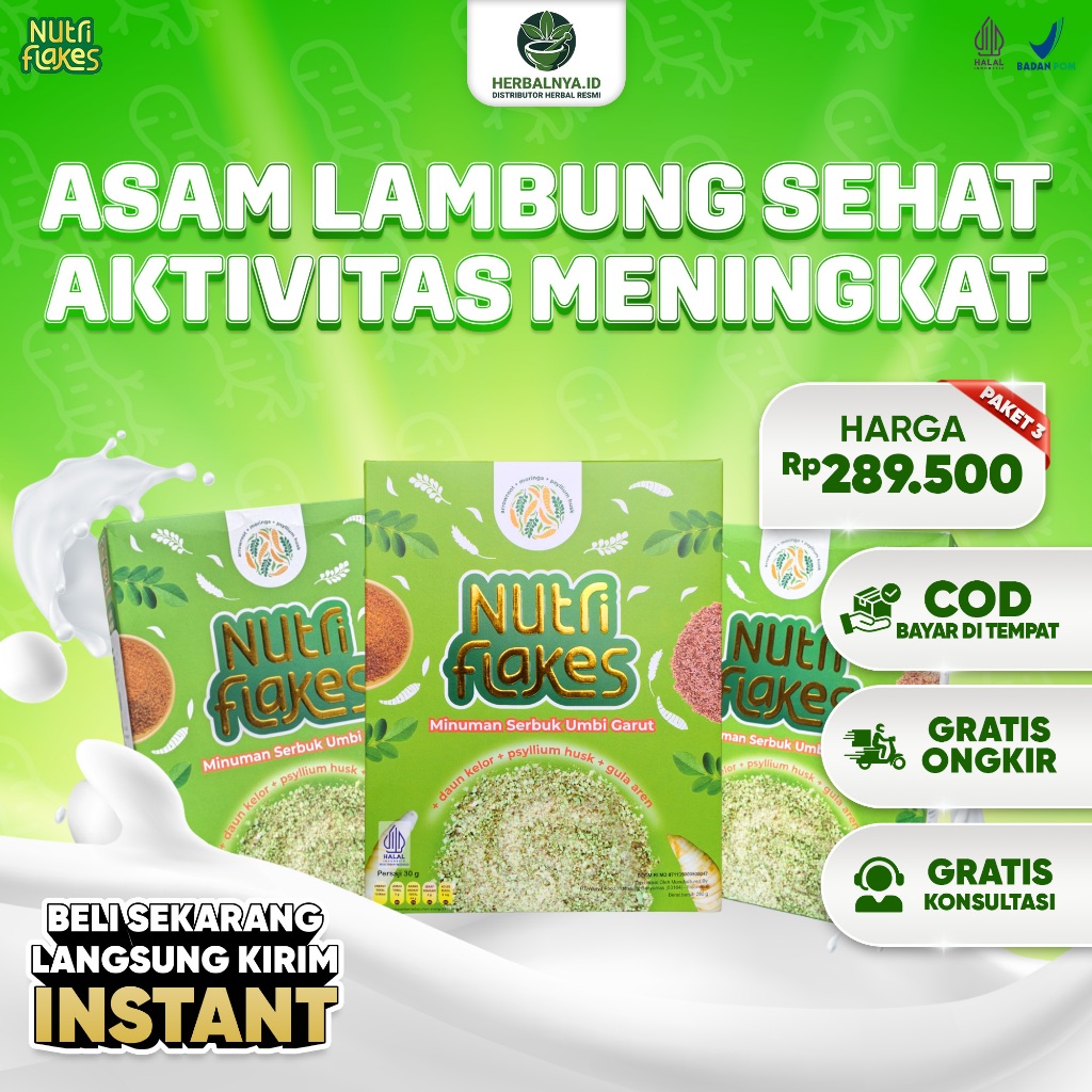 

PAKET 3 BOX NUTRIFLAKES ORIGINAL - ATASI ASAM LAMBUNG DENGAN SEREAL UMBI GARUT DAN PSYLLIUM HUSK