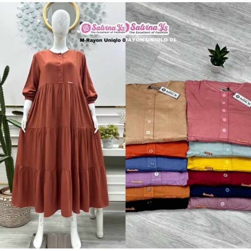 Midi Dress Salvina Original Rempel Susun 3 LENGAN KARET BAHAN RAYON UNIQLO KLOK LEBAR SALVINA YS