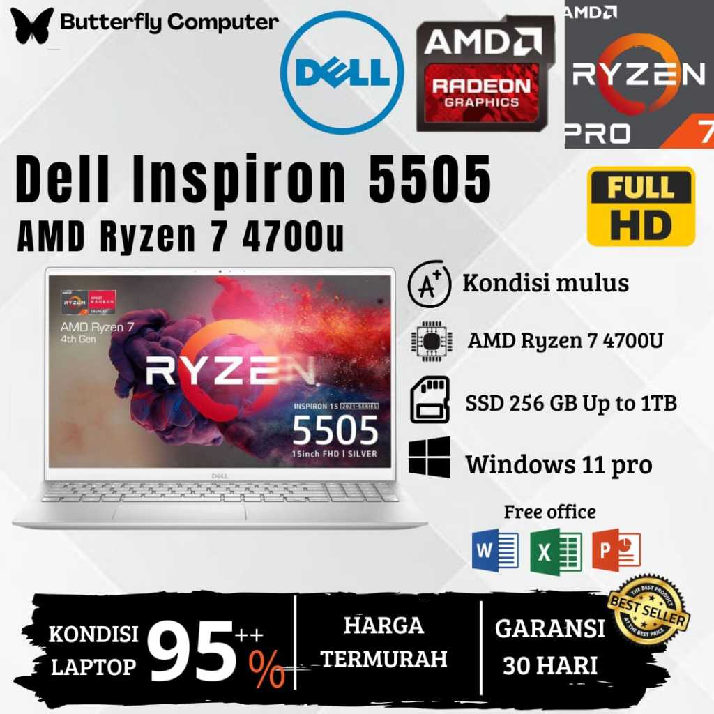 Laptop Dell Inspiron 5505 AMD Ryzen 7 4700u - RAM 8GB SSD 1TB - Win 11 Pro - FULL HD