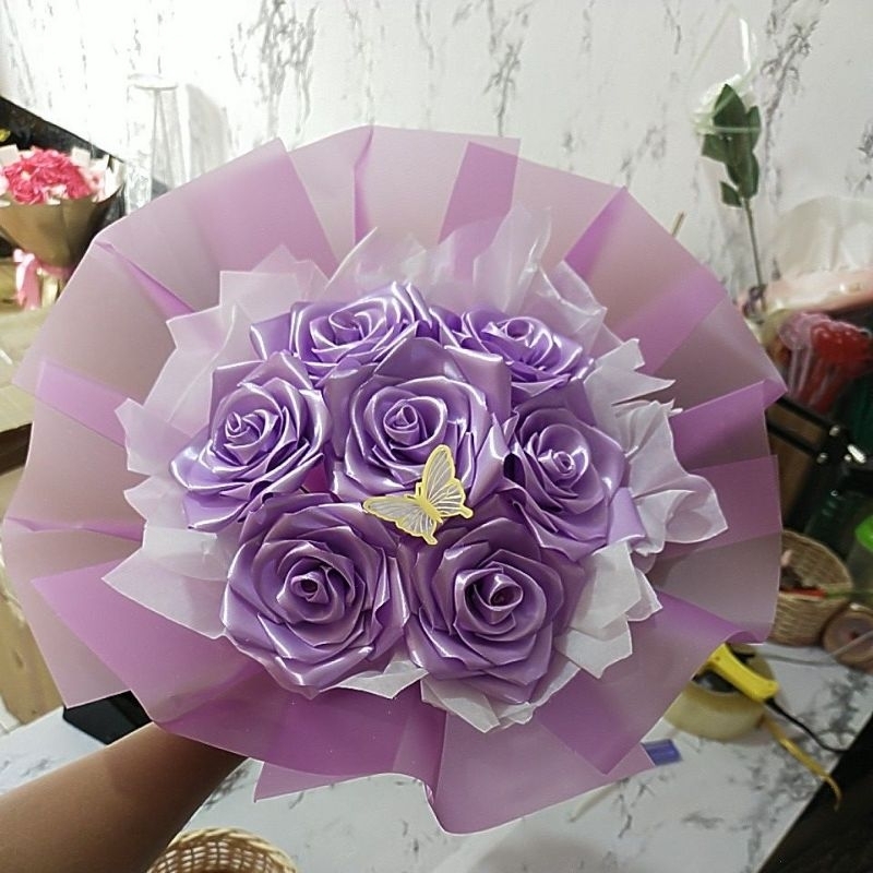 buket bunga satin ungu 7 tangkai
