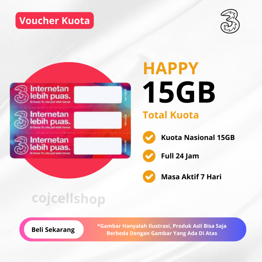Voucher Kuota Tri Happy 15GB 7 Hari Full 24 JAM - Paket Data Tri Harian